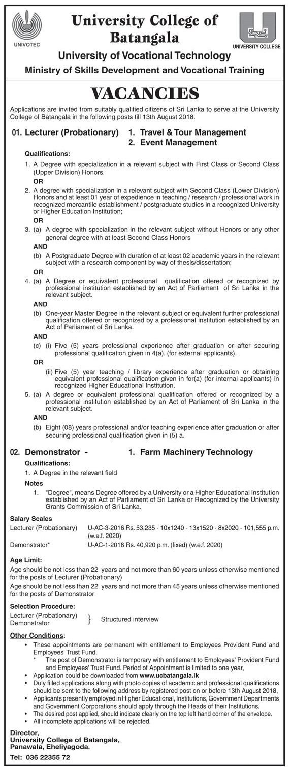 Lecturer, Demonstrator - University College of Batangala - University of Vocational Technology